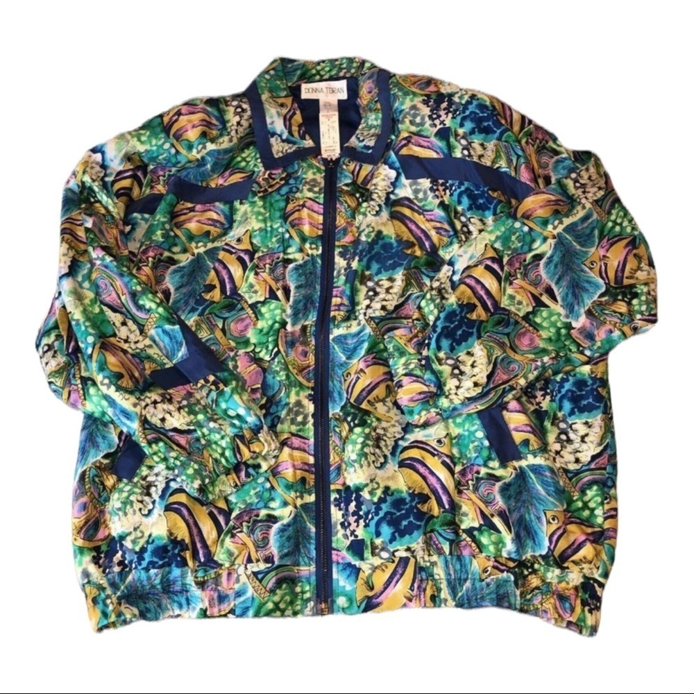 Vintage DONNA TORAN 100% Silk Fish Sea Life Print Collared Bomber Jacket